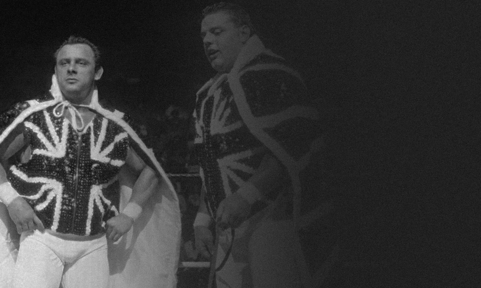 The Dynamite Kid and Davey Boy Smith in Union Jack ring jackets